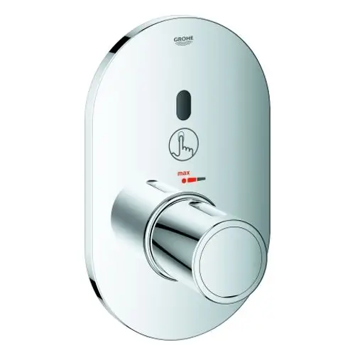 Grohe Bedienpanel mit Drehregler und Maximalanzeige, in glänzendem Chrom, zeigt eine Handfläche und eine Temperaturmarkierung.