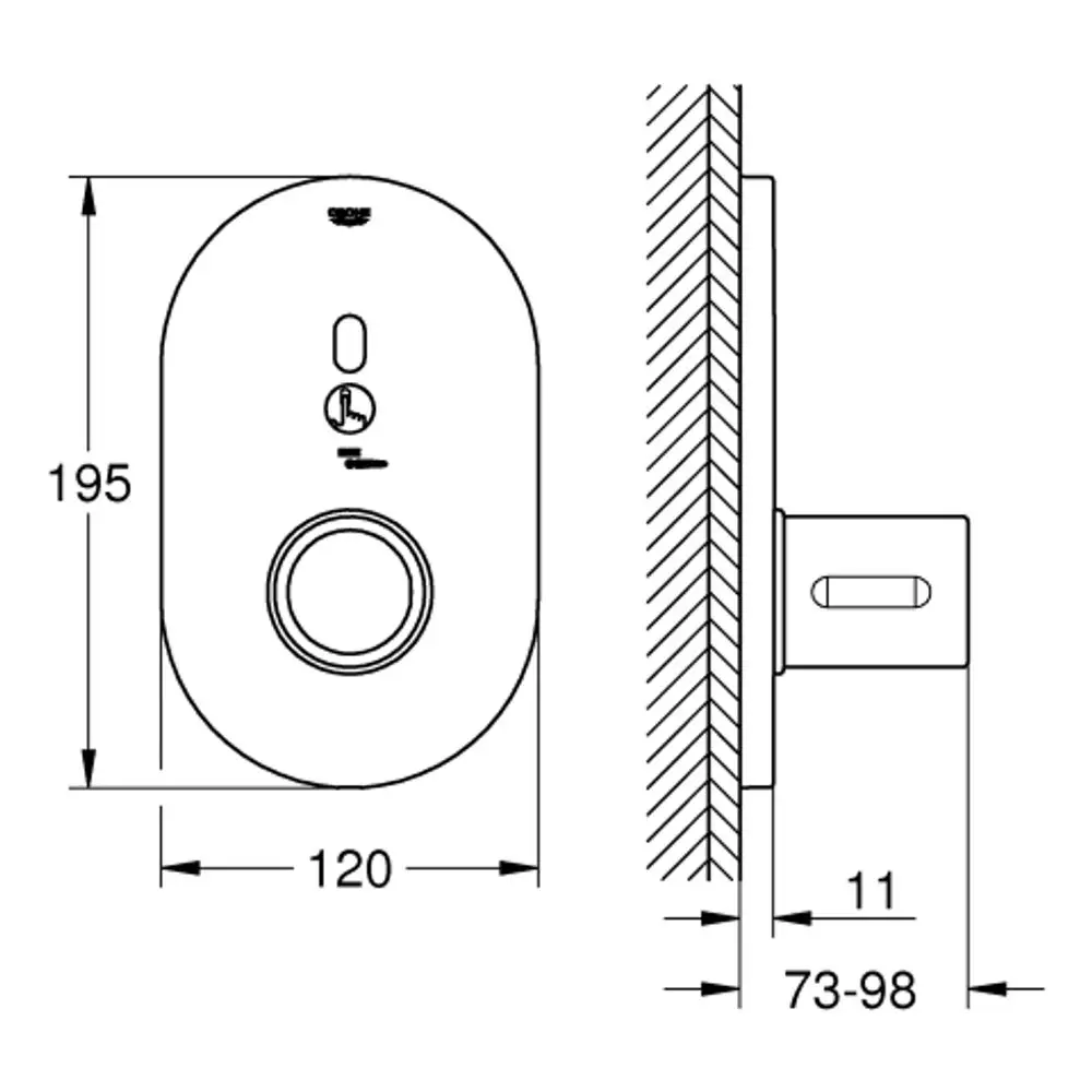 Schemenhafte Darstellung eines Grohe-Thermostats mit ovaler Form, zwei Bedienelementen und einer seitlichen Montageoption. Maße sind im Bild ersichtlich.