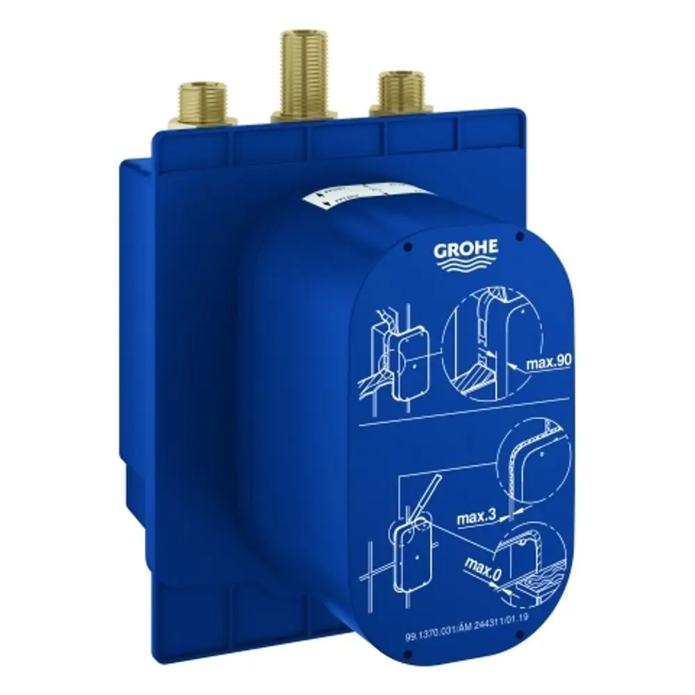 Blauer Grohe UP-Einbaukasten mit mehreren Anschlussmöglichkeiten. An der Front sind Montageanleitungen in Weiß abgebildet. Geeignet für Thermostatinstallationen.