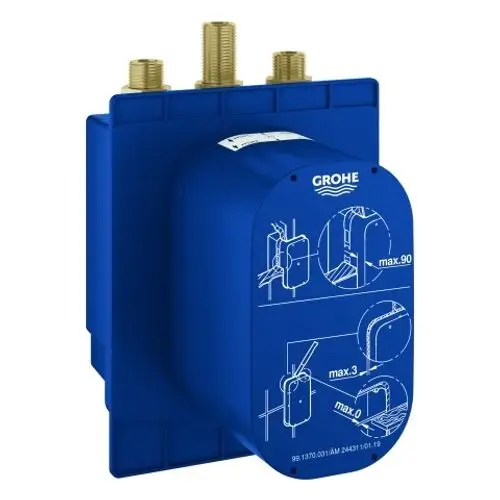 Blauer Grohe UP-Einbaukasten mit mehreren Anschlussmöglichkeiten. An der Front sind Montageanleitungen in Weiß abgebildet. Geeignet für Thermostatinstallationen.