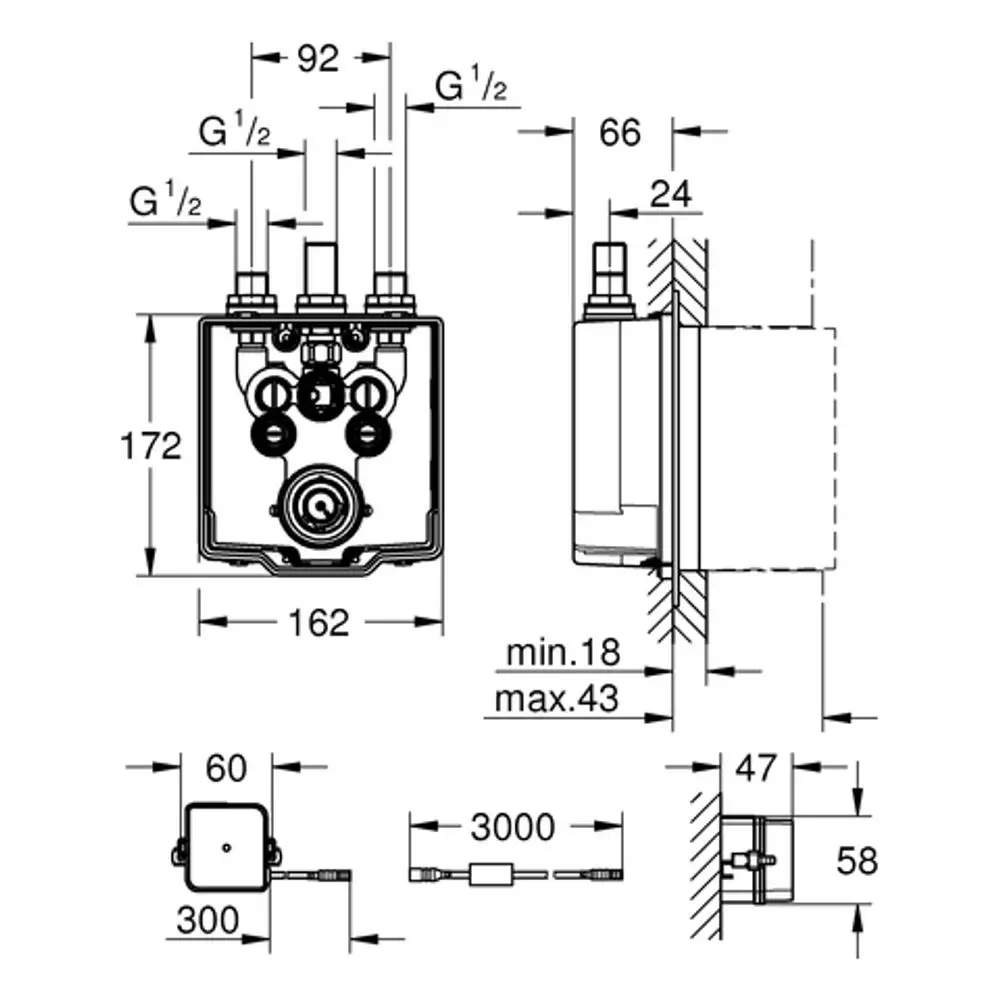 Technische Zeichnung eines GROHE Produkts mit Maßangaben. Darstellung der Anschlüsse und Montagepunkte für den Einbau eines thermostatischen Mischventils.