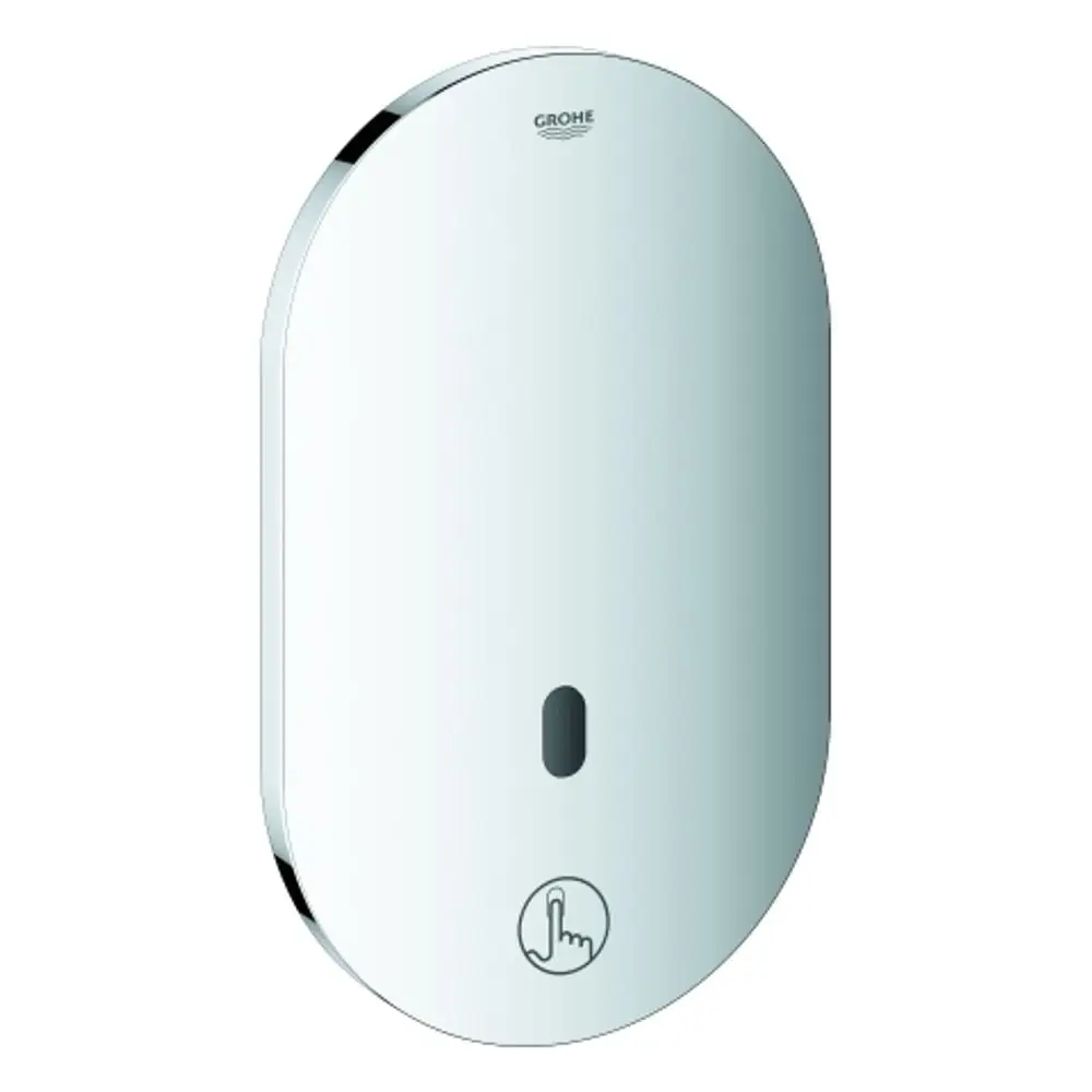 GROHE-Wasseranschluss mit abschrägter, spiegelnder Oberfläche und einem Bedienfeld. Darstellung eines Touch-Bereichs zur Aktivierung.
