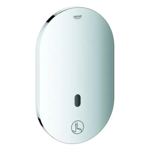 GROHE-Wasseranschluss mit abschrägter, spiegelnder Oberfläche und einem Bedienfeld. Darstellung eines Touch-Bereichs zur Aktivierung.