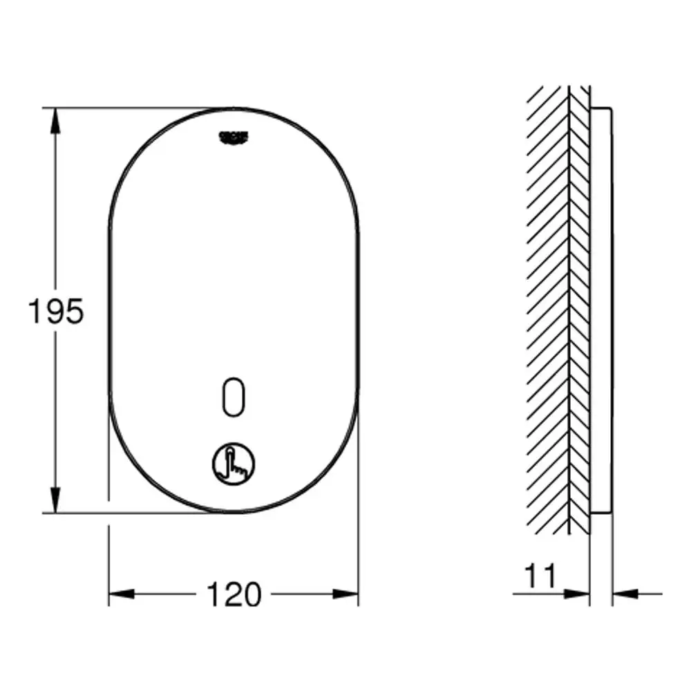 GROHE Produkt mit ovaler Form und einer zentralen Bedieneinheit. Zeichnung zeigt Maße und Seitenansicht des Geräts zur Montage.