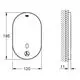 GROHE Produkt mit ovaler Form und einer zentralen Bedieneinheit. Zeichnung zeigt Maße und Seitenansicht des Geräts zur Montage.