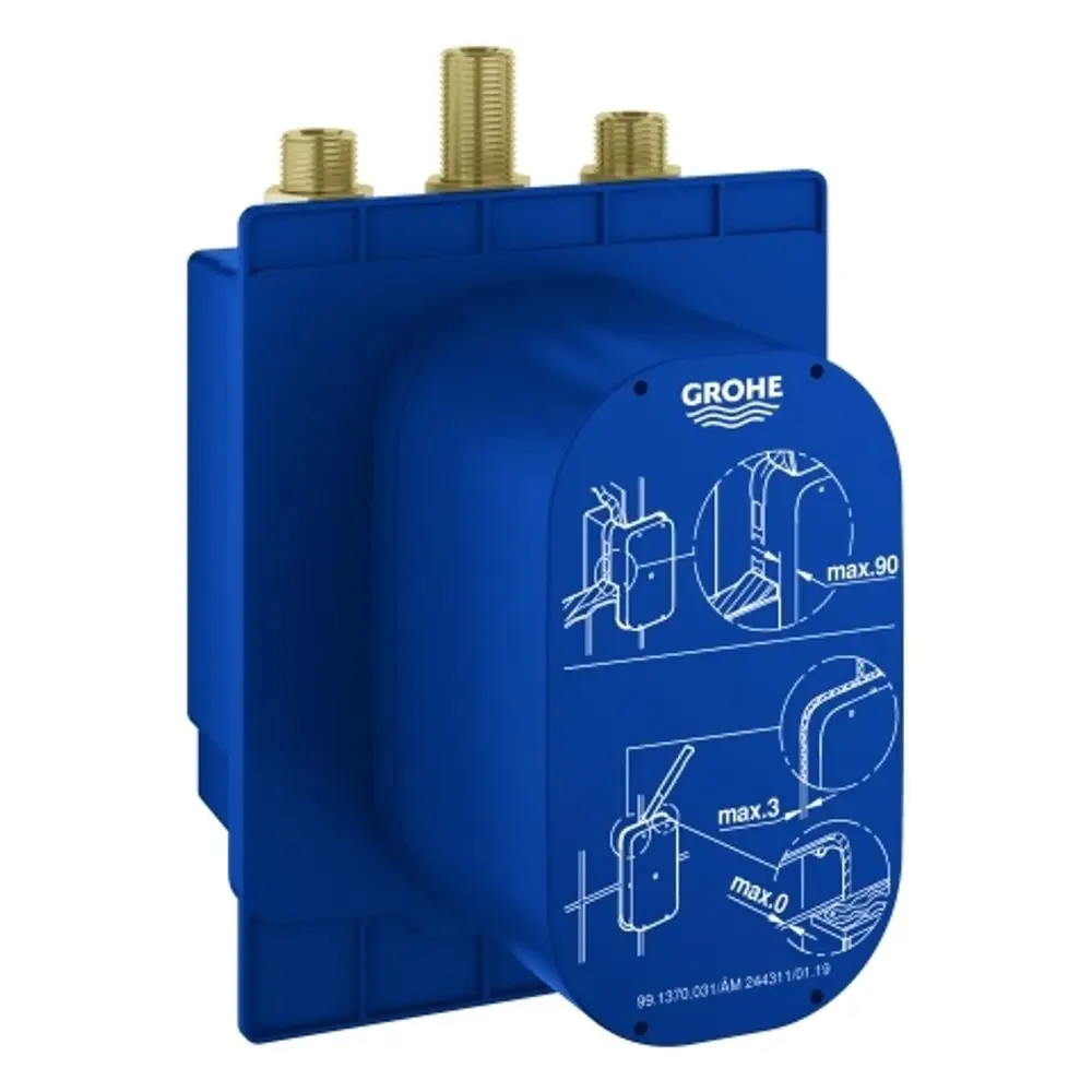Montage-Element von Grohe in blau mit mehreren Anschlüssen für Sanitärinstallationen. Illustrationen zur Installation und Ausrichtung sind auf der Vorderseite sichtbar.