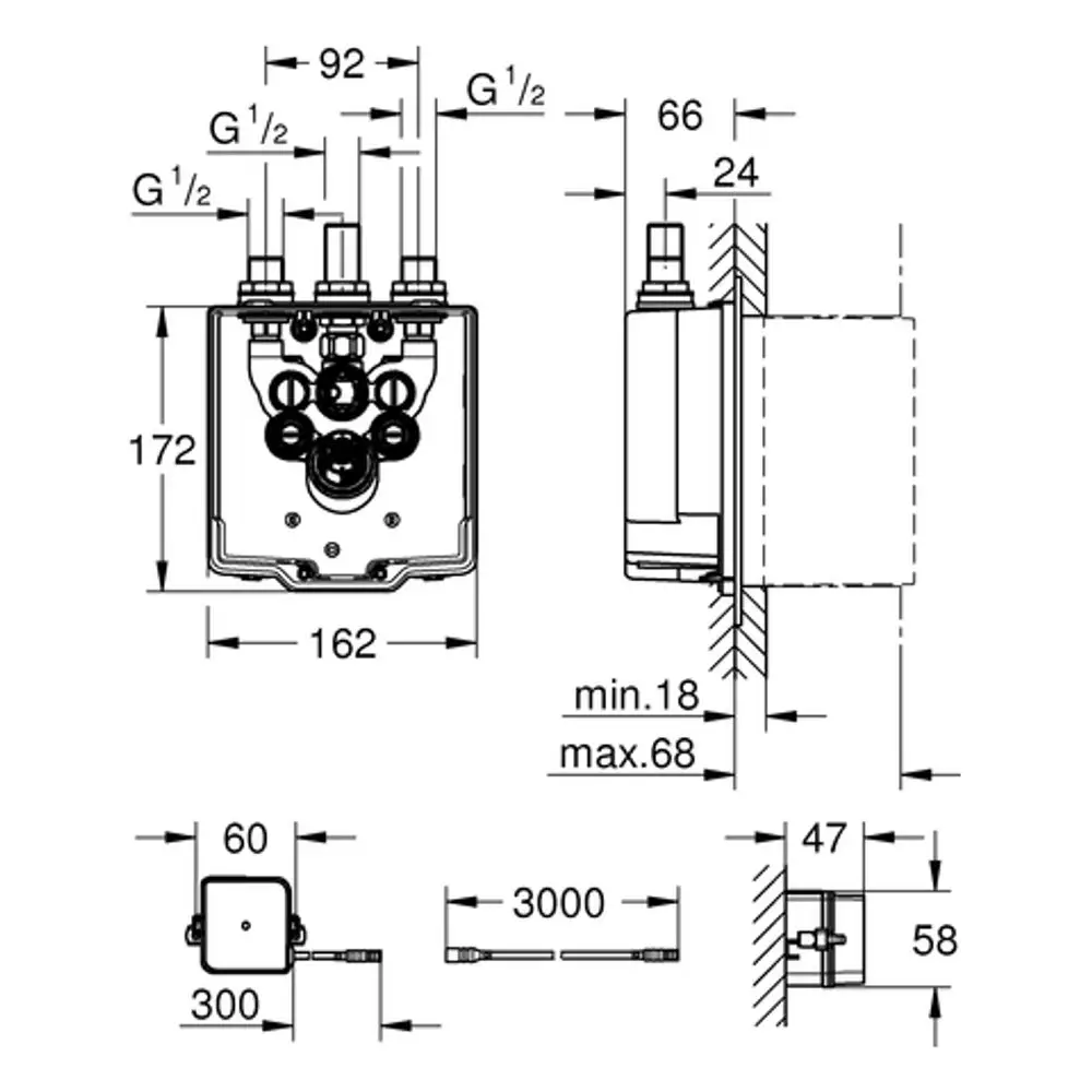 Schematische Darstellung eines Grohe UP-Einbaukastens mit mehreren Anschlüssen und Abmessungen, zur Installation in Wandflächen geeignet.
