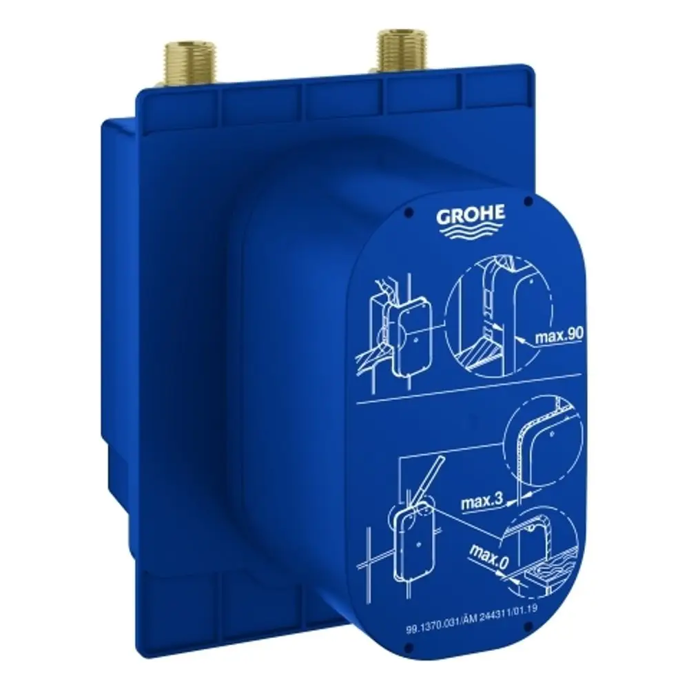 Blauer Grohe Unterputz-Kasten mit zwei Anschlüssen, versehen mit grafischen Installationshinweisen und maximalen Maßeinheiten auf der Vorderseite.