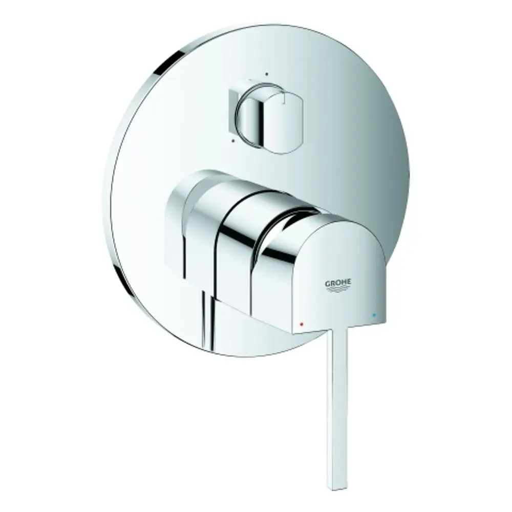 Grohe Einhandbatterie mit verchromter Oberfläche und zwei Bedienhebeln zur Temperatur- und Wasserflussregelung, montiert auf runder Grundplatte.