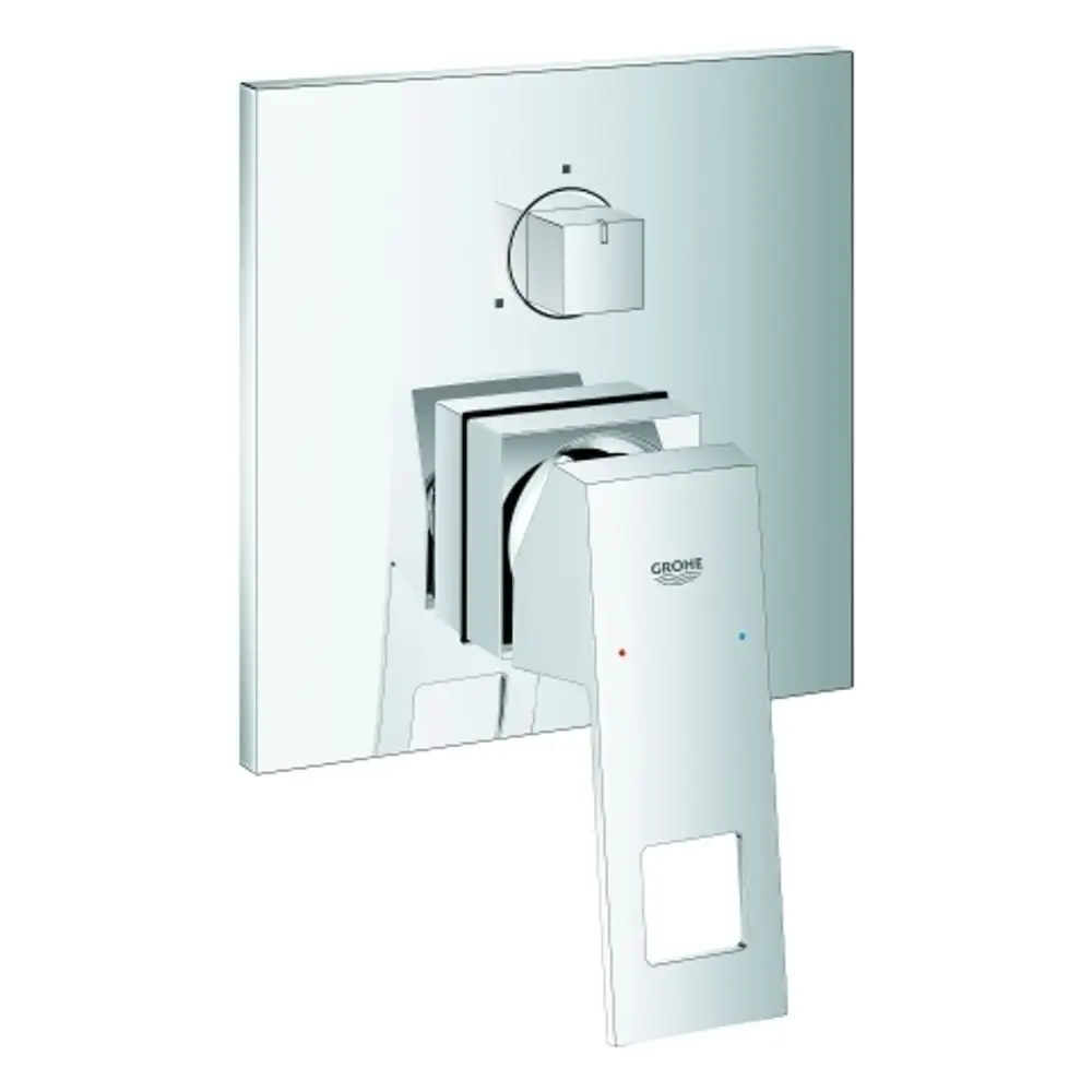 GROHE Einhandbatterie mit einem Griff und einer quadratischen Frontplatte. Das Design umfasst einen Temperatur- und Wasserflussregler.