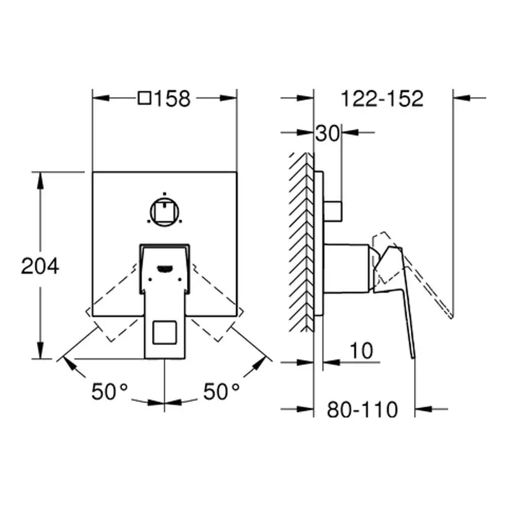 Grohe Einhandbatterie mit rechteckigem Design, seitlicher Hebel, Anschluss für 3-Wege Umstellung, Montageanleitung und Abmessungen im technischen Zeichnungsformat.