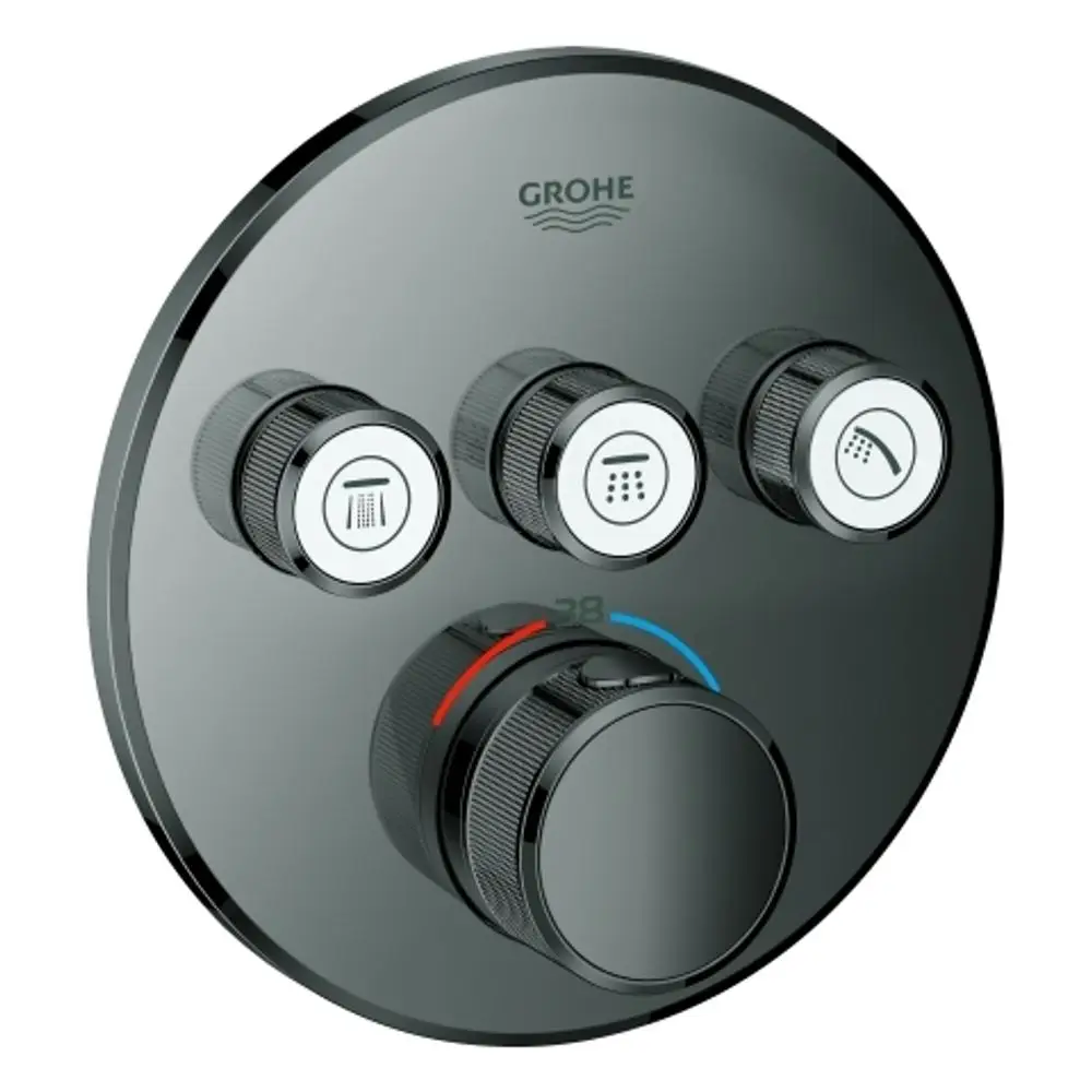 Thermostat mit drei Drehknöpfen von Grohe, inkl. Funktionen für verschiedene Wasserströme, zentraler Temperaturregler und Temperaturanzeige in Celsius.