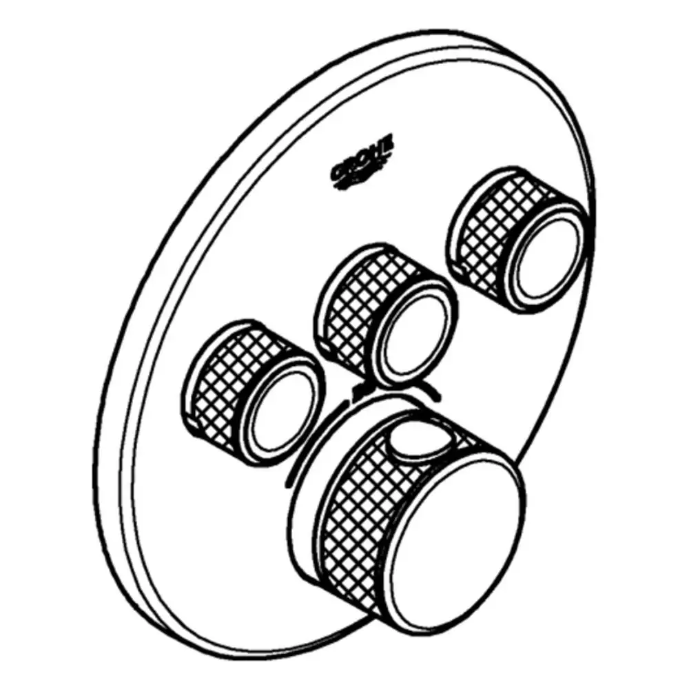 Thermostat von Grohe mit runder Form und drei einstellbaren Reglern auf einer flachen Platine in einer grauen Oberfläche.