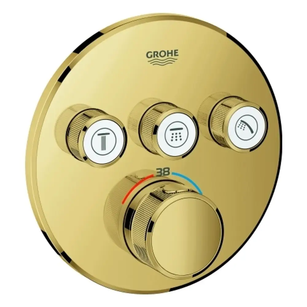 Rundes Wandelement mit goldener Oberfläche von Grohe, ausgestattet mit drei Drehreglern und einem zentralen Temperaturregler, zur Steuerung von Wasserarten und -temperatur.