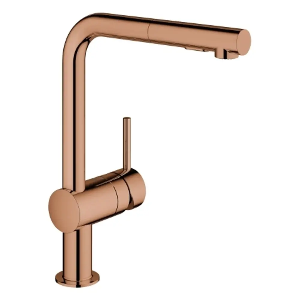 Ein Grohe Wasserhahn mit einem gebogenen Auslauf und einer seitlichen Bedienhebel, in einem metallischen Finish, geeignet für Spülbecken zur Wasserregulierung.