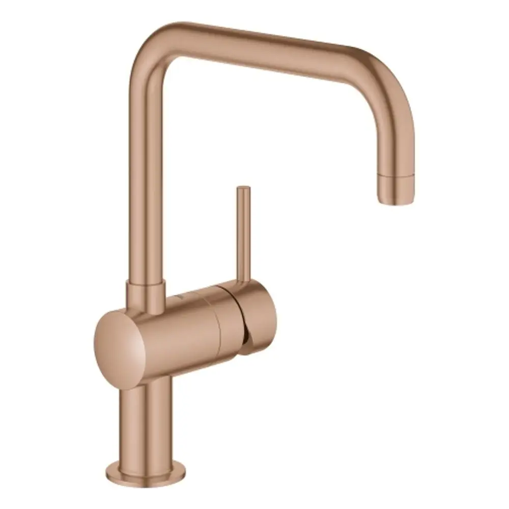Grohe Spültischbatterie mit einem Auslauf in gebürstetem Finish. Der Hebel zur Regelung des Wasserflusses ist seitlich angebracht.