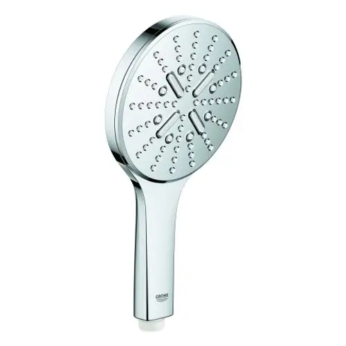Grohe Handbrause mit runder Kopfplatte und ergonomischem Griff. Die Oberfläche ist glänzend und reflektiert Licht. Das Design ist simpel und funktional.