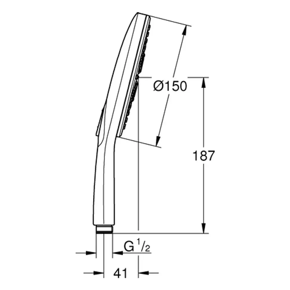 GROHE Handbrause mit schlanker Form und seitlichem Griff, montiert für Wandinstallation. Sichtbare Anschlussmaße und Detaillierung sind abgebildet.