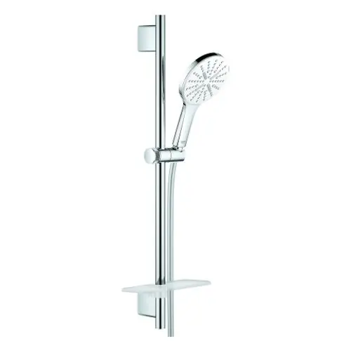 Grohe Brausestangen-Set mit Handbrause und Halterung aus verchromtem Material. Die Halterung bietet eine Ablagefläche für Duschutensilien.