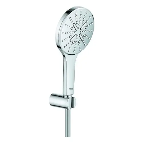Handbrause von Grohe mit runder Kopfbrause und verschiedenen Strahlarten, montiert an einem Halter. Oberfläche in Chrom-Optik.