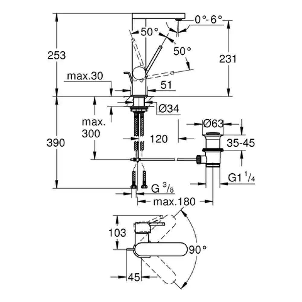 Grohe Armatur mit schwenkbarem Auslauf und verschiedenen Verstellmöglichkeiten, dargestellt in technischen Maßen und Detailansichten.