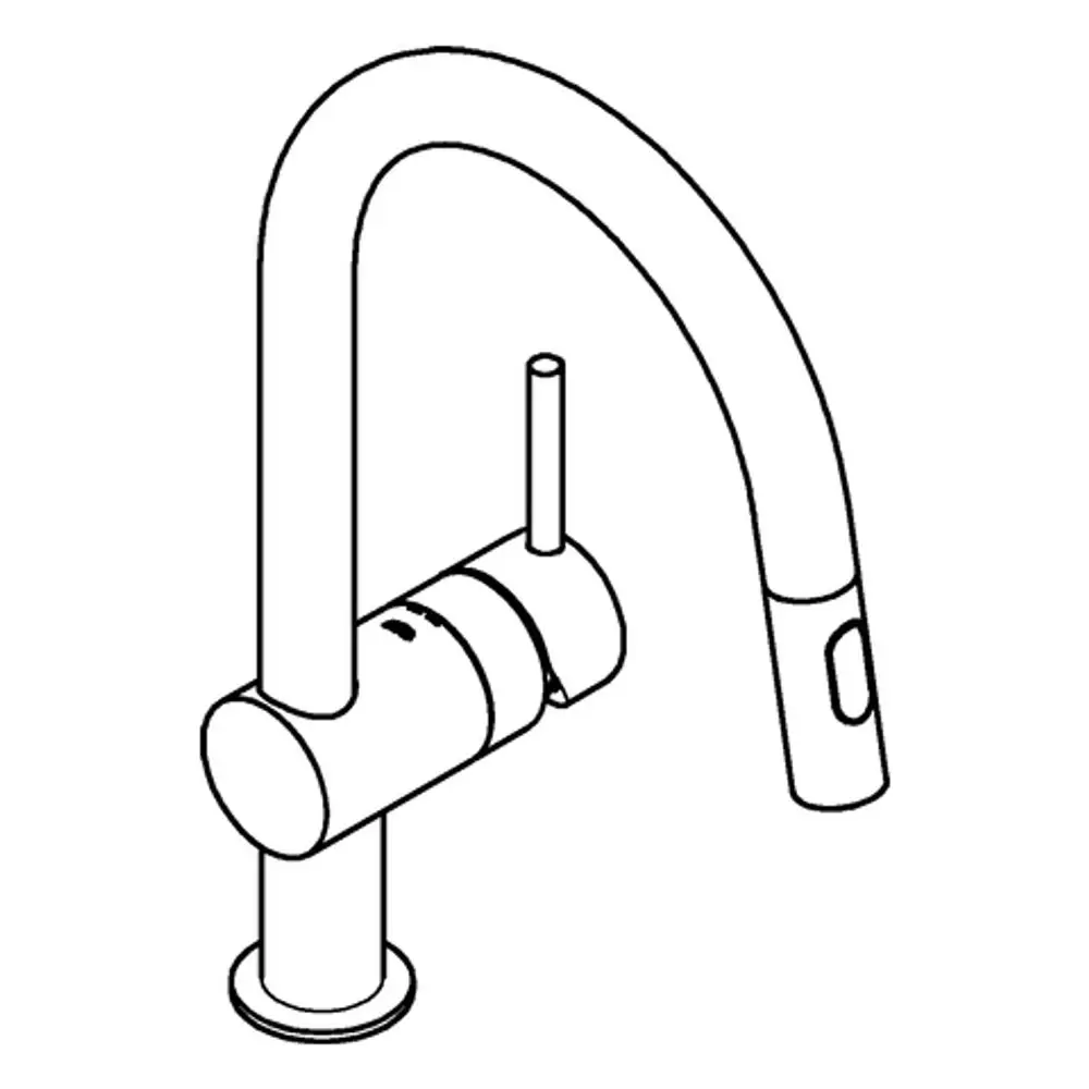 Einzelne Spültischbatterie von Grohe mit gebogenem Auslauf und ergonomischer Spülbrause. Metallisches Design, geeignet für eine moderne Kücheneinrichtung.