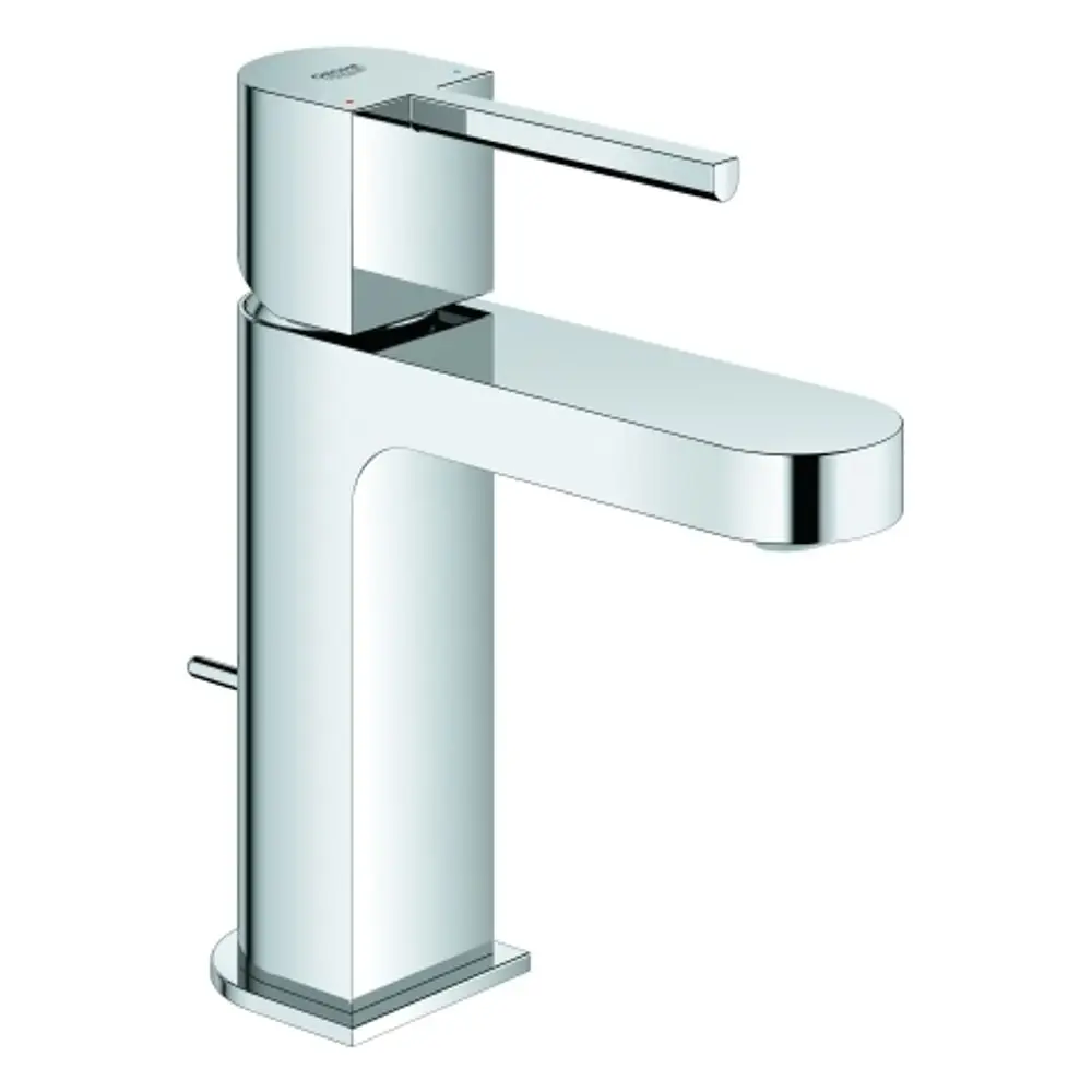 Grohe-Waschtischbatterie in glänzendem Chrom mit einem flachen Auslauf und einem Hebel zur Regelung von Wassertemperatur und -fluss.