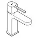 Einbaufertige Chrom-Waschtischarmatur von Grohe mit schmalem Auslauf und einem Hebel zur Bedienung. Push-open Ablaufgarnitur integriert.