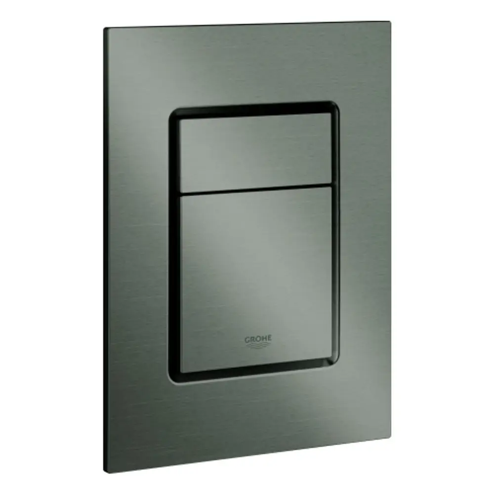Betätigungselement aus gebürstetem Graphit für die WC-Spülung, gestaltet von Grohe. Zwei Drücker für Start- und Stoppfunktion, in minimalistischer Form.