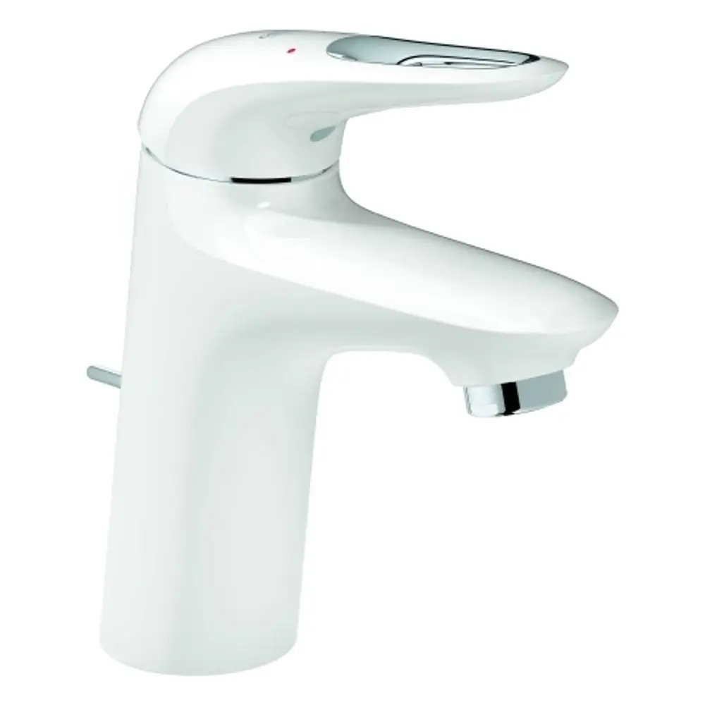 Weißer Mischbatterie von Grohe mit chromfarbenen Akzenten, designed für die Montage über einem Waschbecken. Einhebelbedienung auf der Oberseite.
