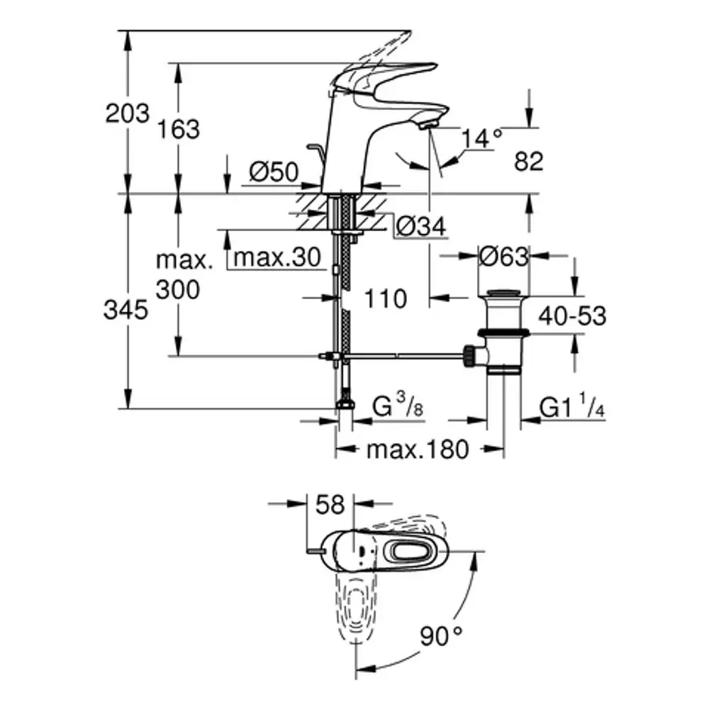 Technische Zeichnung eines Grohe-Waschtischarmatur, mit Maßen zur Installation und Montage, einschließlich Anschlüssen und Drehbereich für die Bedienung.
