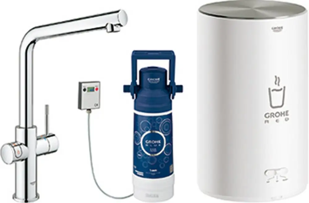 Grohe Armatur mit einem separaten Boiler, benutzerfreundlicher Steuerungseinheit und einer blauen Druckflasche. Das Design ist funktional und modern.