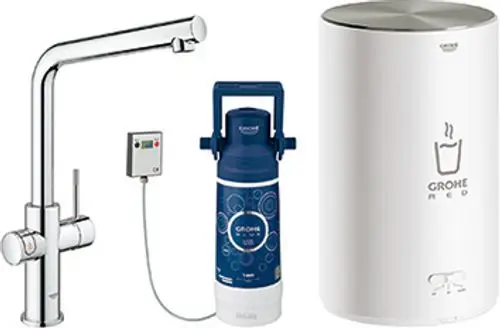 Grohe Armatur mit einem separaten Boiler, benutzerfreundlicher Steuerungseinheit und einer blauen Druckflasche. Das Design ist funktional und modern.