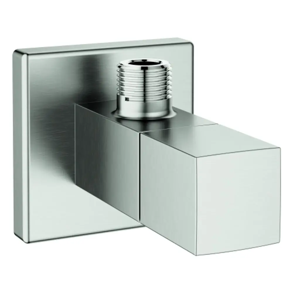 Eckventil von Grohe mit quadratischem Design und einem Anschluss für Wasserleitungen, geeignet für sanitärtechnische Anwendungen.