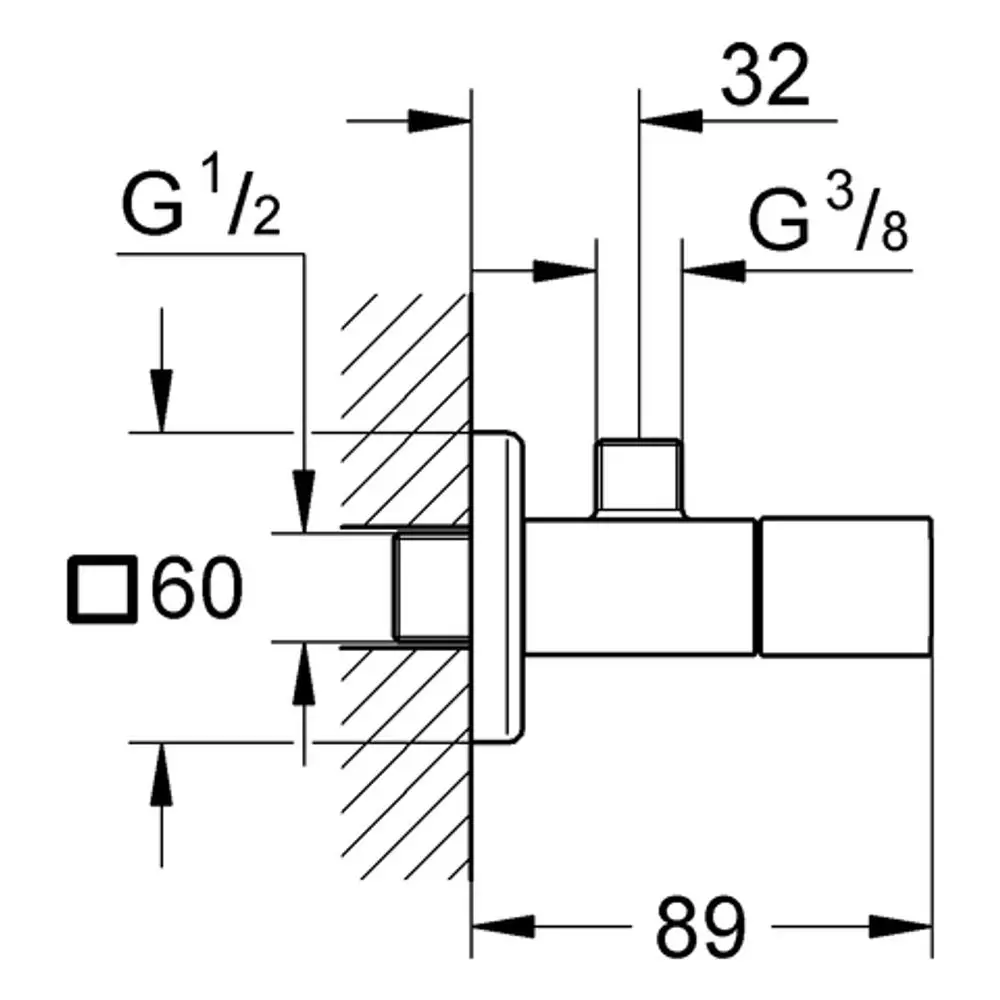 GROHE Eckventil mit Rohranschlüssen. Zeichnung zeigt Maße und Verbindungen von G 1/2 und G 3/8. Abmessungen in Millimeter dargestellt.