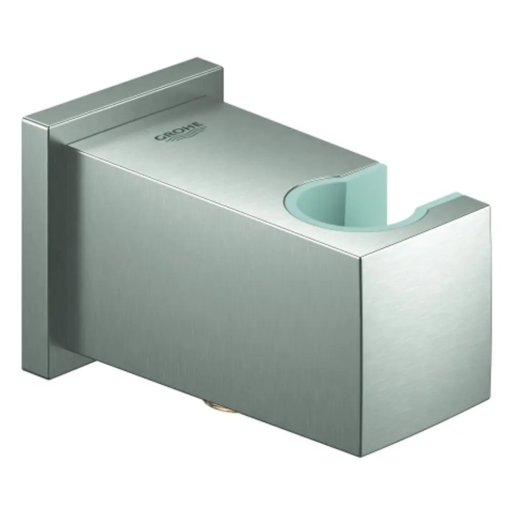 Wandanschlussbogen aus Edelstahl mit Halterung für eine Dusche. Die Oberfläche hat eine gebürstete Optik. Produkt von Grohe.