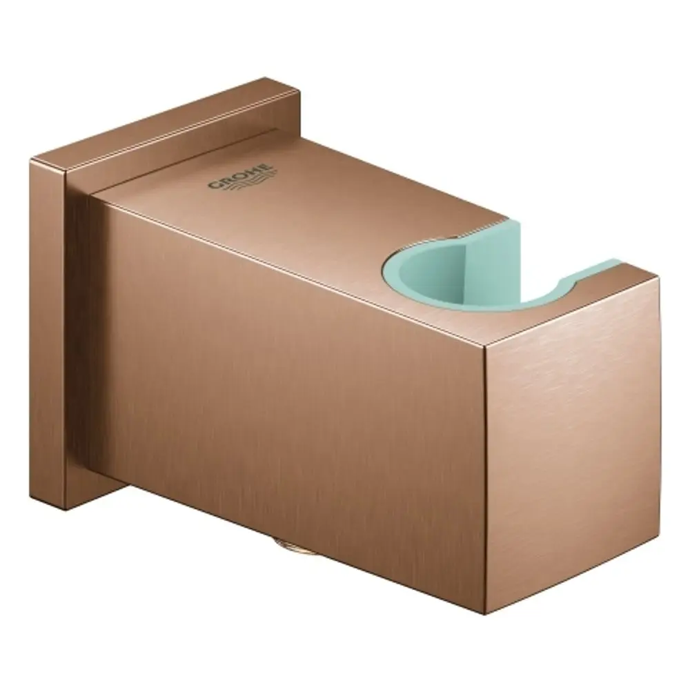 Wandanschlussbogen von Grohe in einem matten Kupferton, mit einer Aussparung für einen Duschkopf. Klar strukturierte Form, passend für die Wandmontage.
