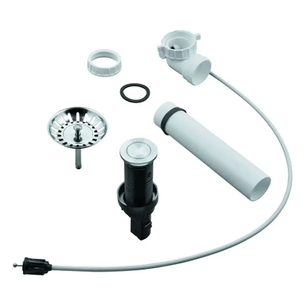 Grohe Ablaufgarnitur mit Zugstangenmechanismus und Push-Exzenter für Küchenspülen, bestehend aus mehreren Rohr- und Anschlusskomponenten sowie einem verchromten Abflusskorb.