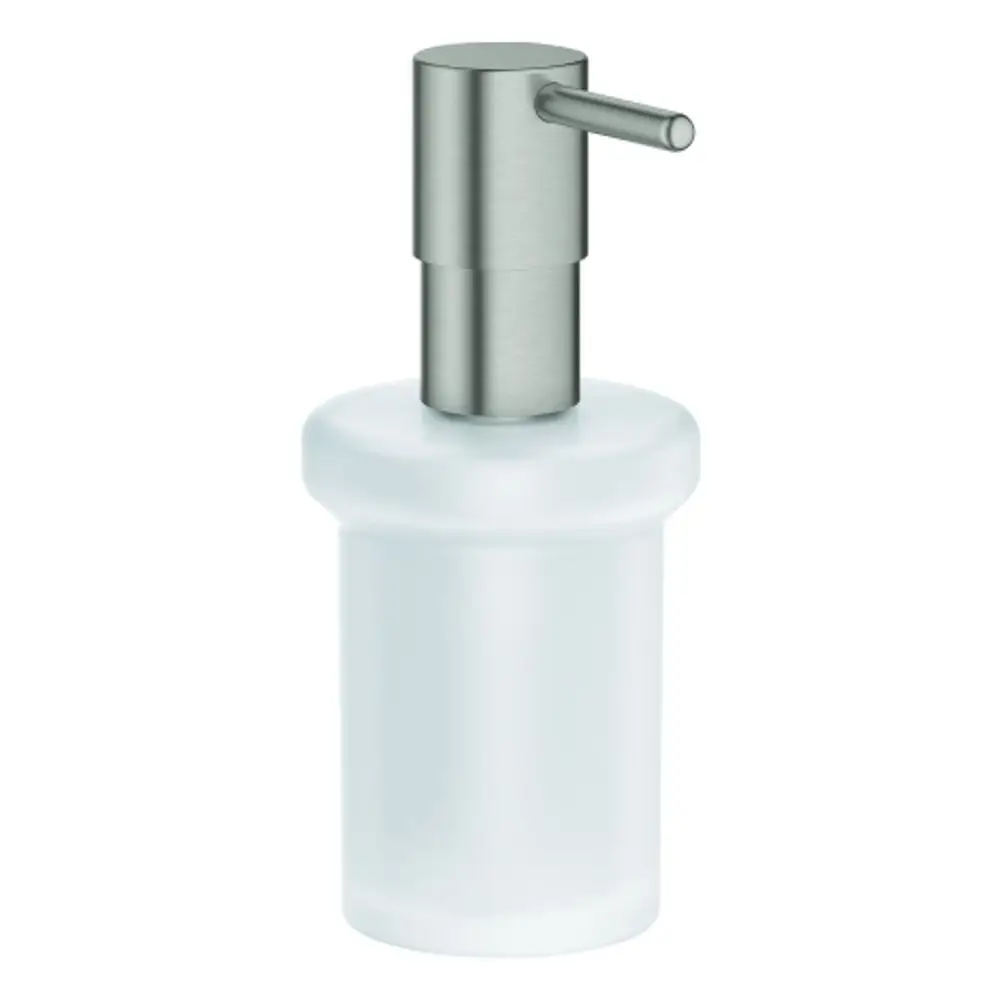 GROHE Seifenspender aus mattem Weiß mit einem verchromten Pumpkopf. Der Spender ist rund und verfügt über eine schlanke, moderne Form.