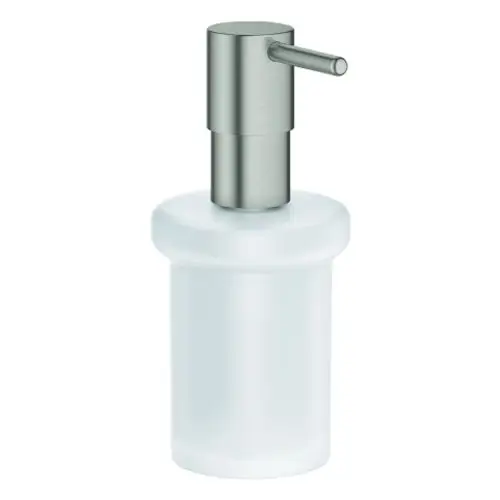 GROHE Seifenspender aus mattem Weiß mit einem verchromten Pumpkopf. Der Spender ist rund und verfügt über eine schlanke, moderne Form.