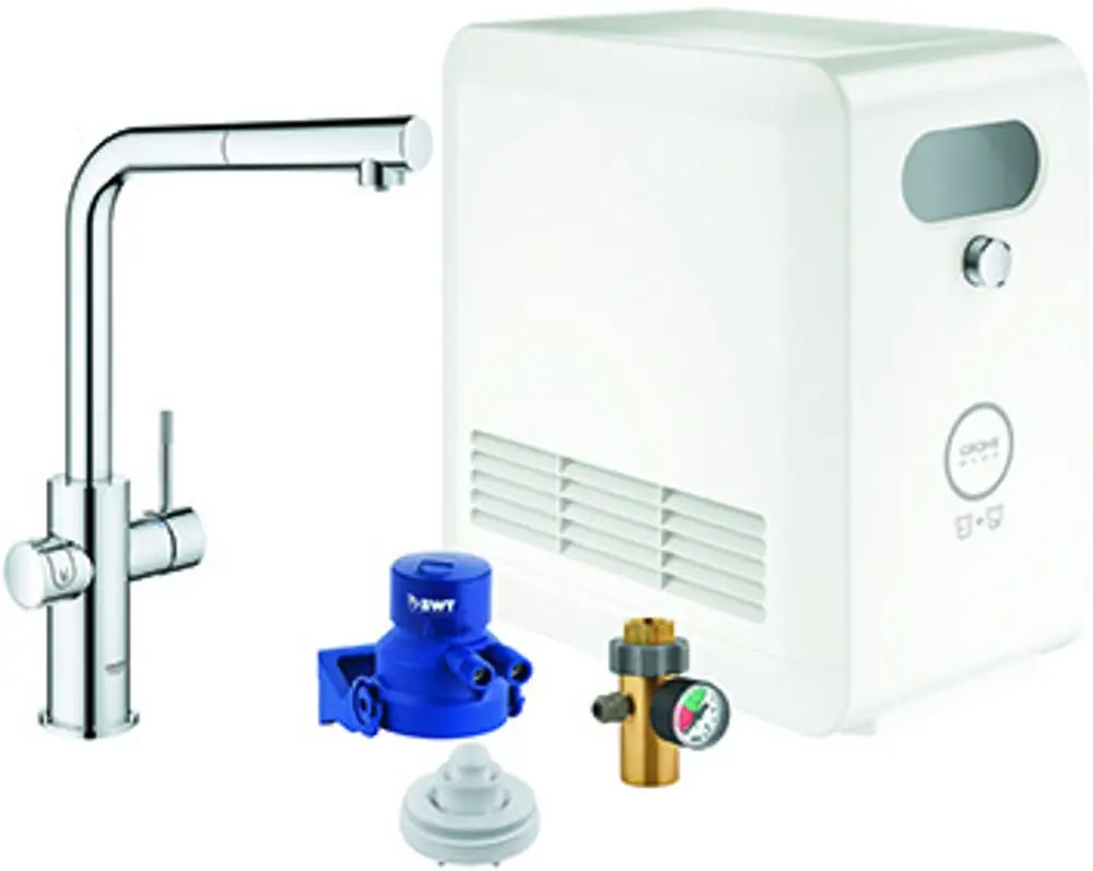 GROHE Wasserfilter-System mit Auslaufarmatur, einem blauen Ventil und einem Druckregler. Das Gerät hat eine weiße Gehäuseoberfläche und ist für die Verwendung in Küchen konzipiert.