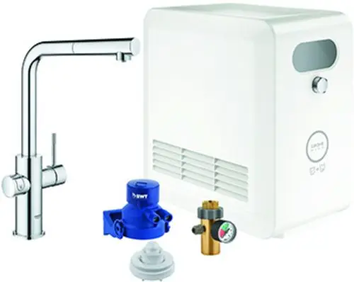GROHE Wasserfilter-System mit Auslaufarmatur, einem blauen Ventil und einem Druckregler. Das Gerät hat eine weiße Gehäuseoberfläche und ist für die Verwendung in Küchen konzipiert.