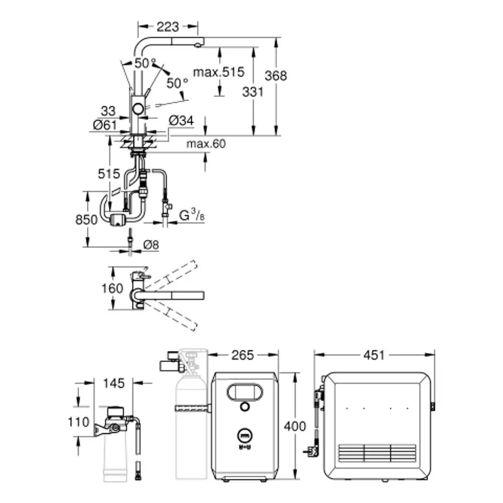 Grohe Produktzeichnung eines Wassertapitner als Teil eines Starterkits, inklusive eines Auslaufhahns und einem Wasserbehälter, mit Abmessungen und Anschlüssen.