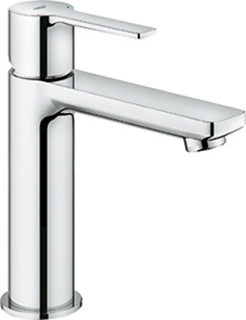 Einhand-Waschtischbatterie von Grohe in glänzendem Chrom mit flachem, rechteckigem Auslauf und seitlichem Hebel für die Wassermengenregulierung.