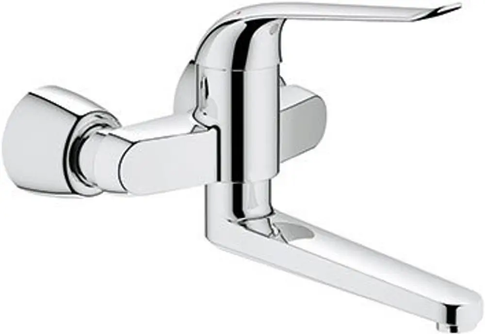 Wandmontierter Grohe Wasserhahn in chrom, mit einem länglichen Auslauf und einem Bedienhebel zur Regelung der Wassertemperatur und -menge.