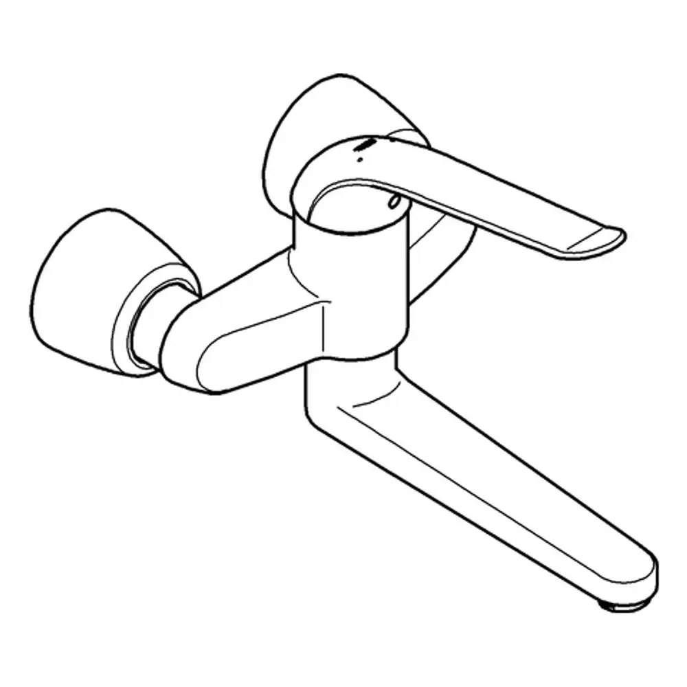 Ein Grohe-Wasserhahn mit zwei Bediengriffen und einem langen Auslauf. Das Design ist schlicht und für die Wandmontage geeignet.