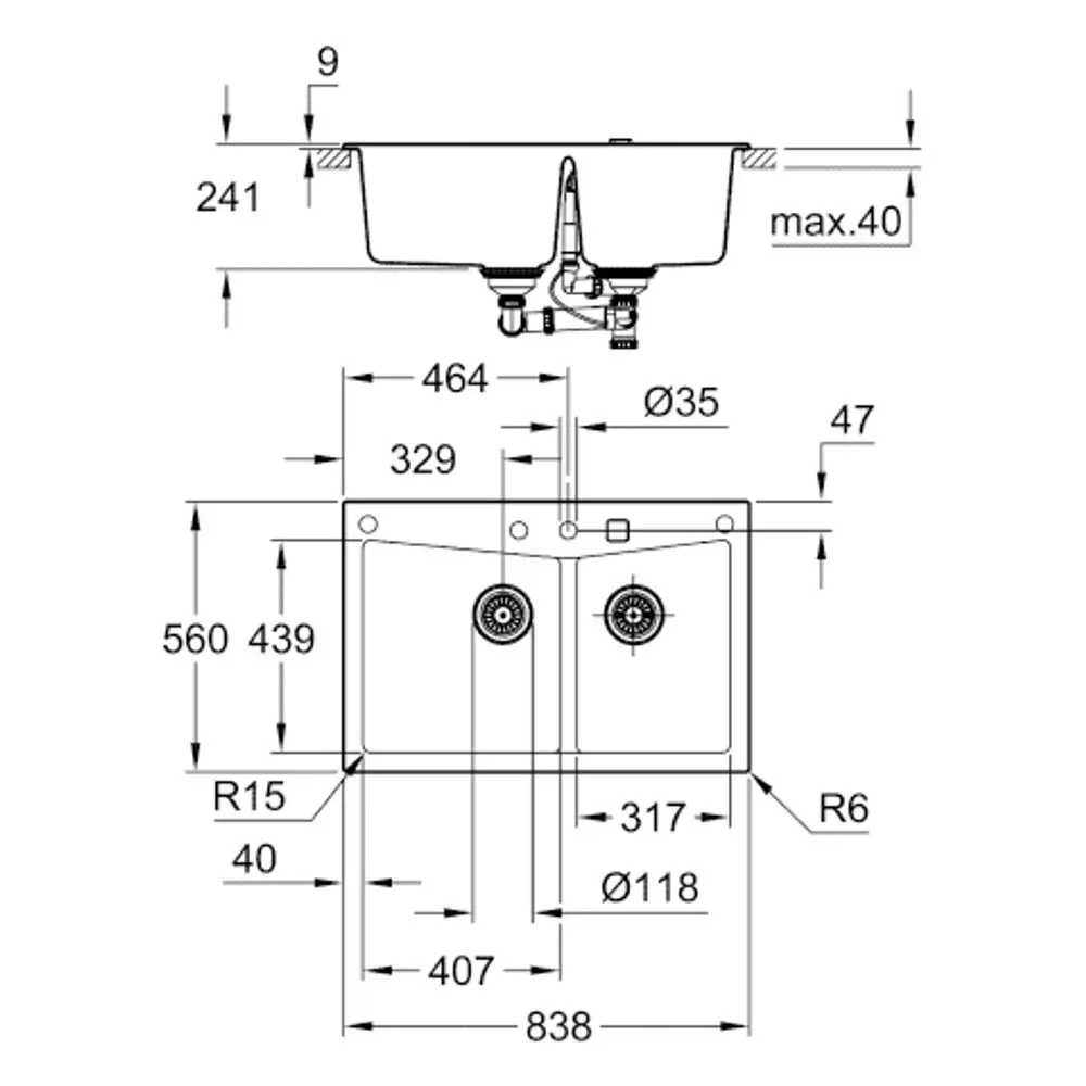 Küchenspüle von Grohe mit zwei Becken und Abflusslöchern, dargestellt in einer schematischen Zeichnung mit Maßangaben und technischen Details.