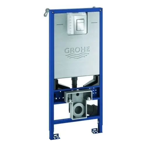 GROHE-WC-Technikset mit einer blauen Montageplatte und einem integrierten Betätigungsmodul. Sichtbare Komponenten für die installation in Wänden.