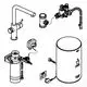 Grohe Armatur mit ausgezogenem Auslauf und Boiler, verbunden durch Schlauchsystem. Alle Komponenten in technischer Zeichnung dargestellt.