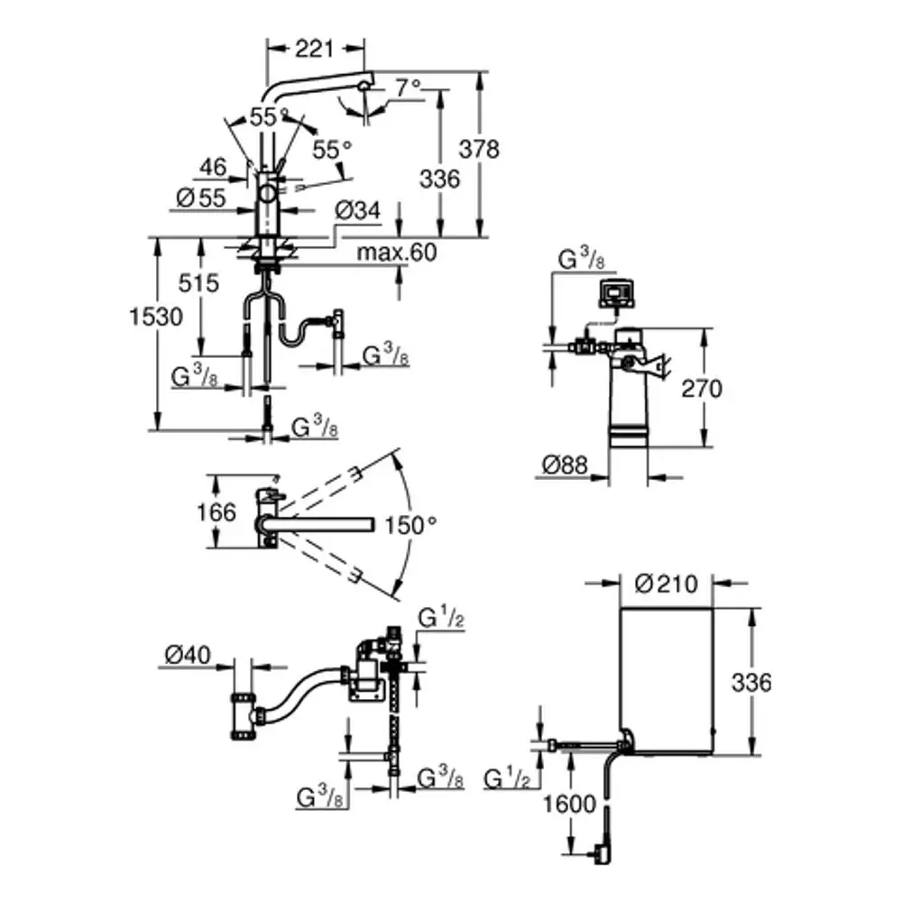 GROHE Armatur mit verschiedenen Anschlüssen und Abmessungen. Darstellung der Montageschritte und Dimensionen für eine saubere Installation.